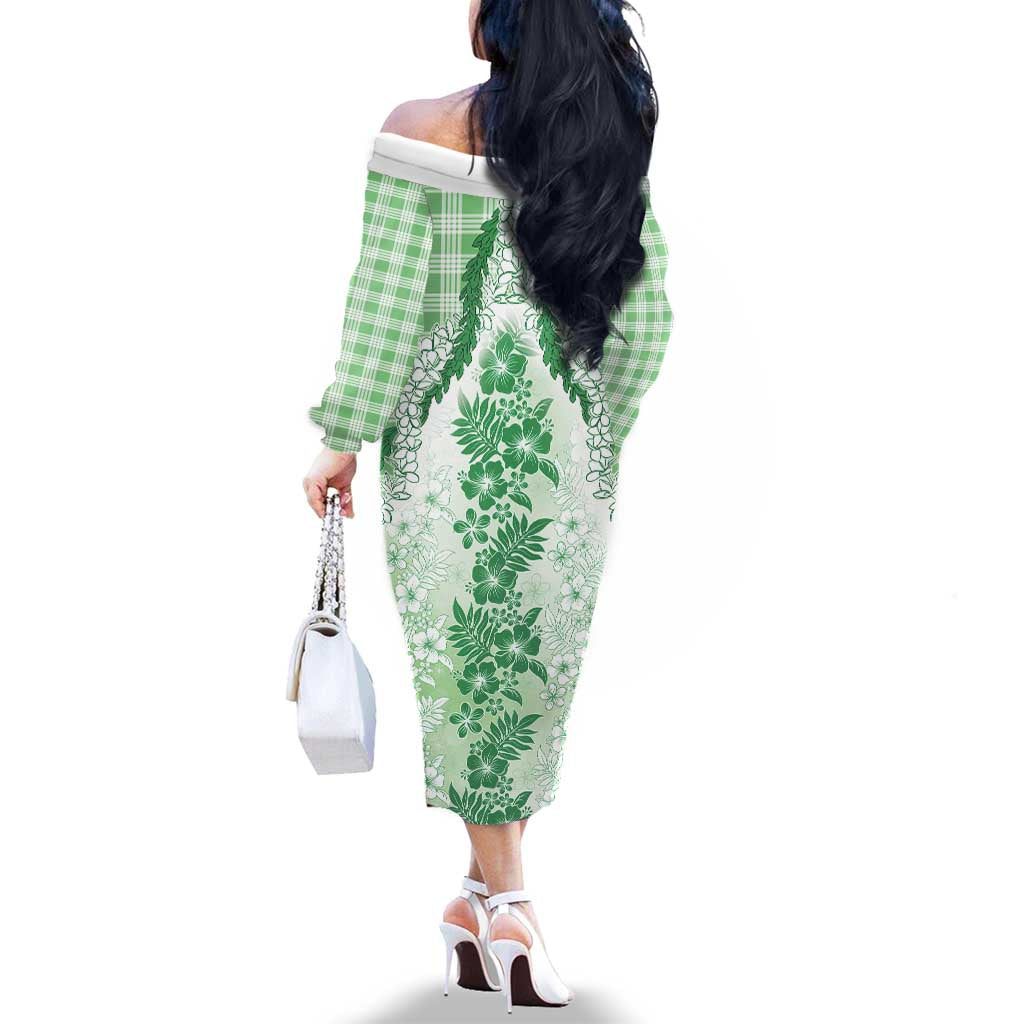 Aloha Hawaii Palaka Family Matching Off The Shoulder Long Sleeve Dress and Hawaiian Shirt Green Plumeria Lei - Polynesian Pride