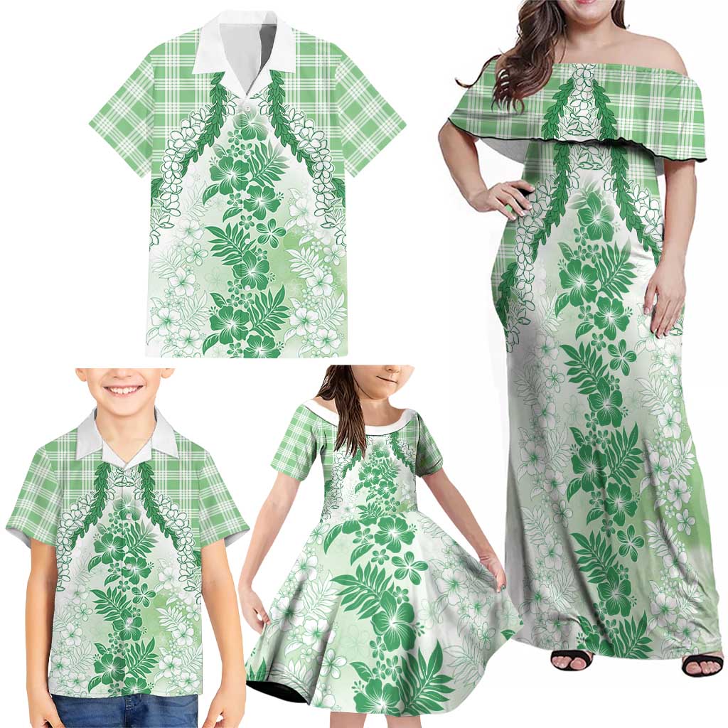 Aloha Hawaii Palaka Family Matching Off Shoulder Maxi Dress and Hawaiian Shirt Green Plumeria Lei - Polynesian Pride