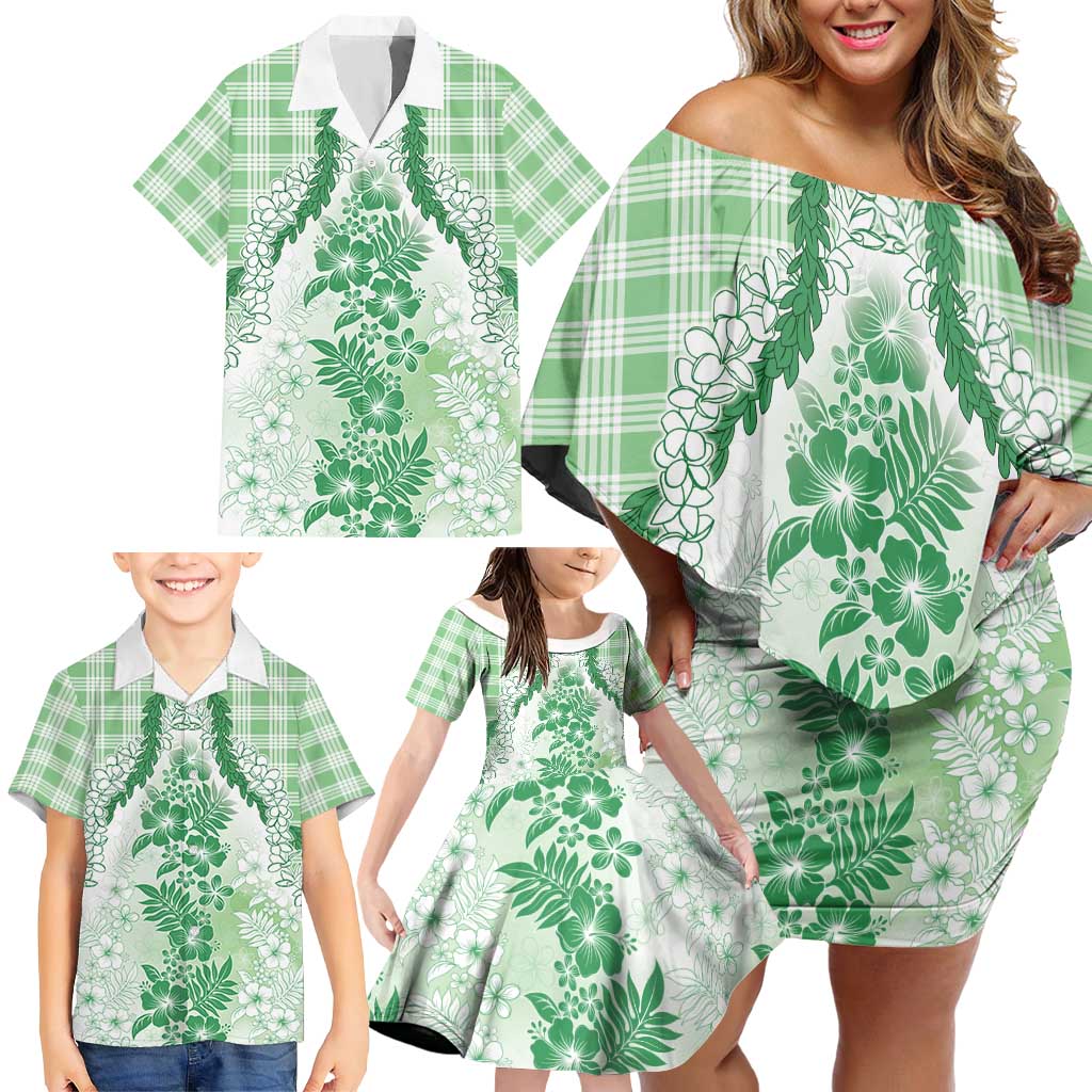 Aloha Hawaii Palaka Family Matching Off Shoulder Short Dress and Hawaiian Shirt Green Plumeria Lei - Polynesian Pride