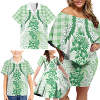 Aloha Hawaii Palaka Family Matching Off Shoulder Short Dress and Hawaiian Shirt Green Plumeria Lei - Polynesian Pride