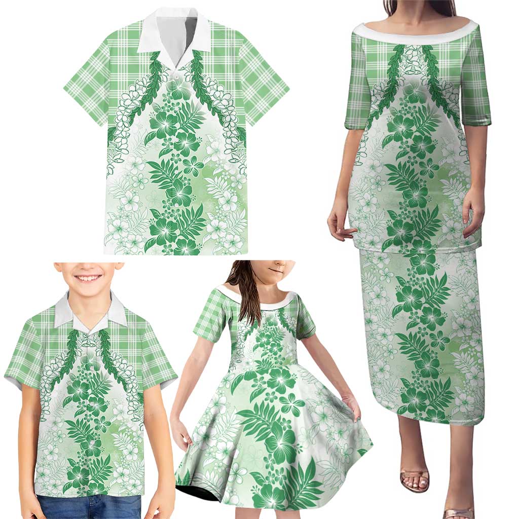 Aloha Hawaii Palaka Family Matching Puletasi and Hawaiian Shirt Green Plumeria Lei - Polynesian Pride