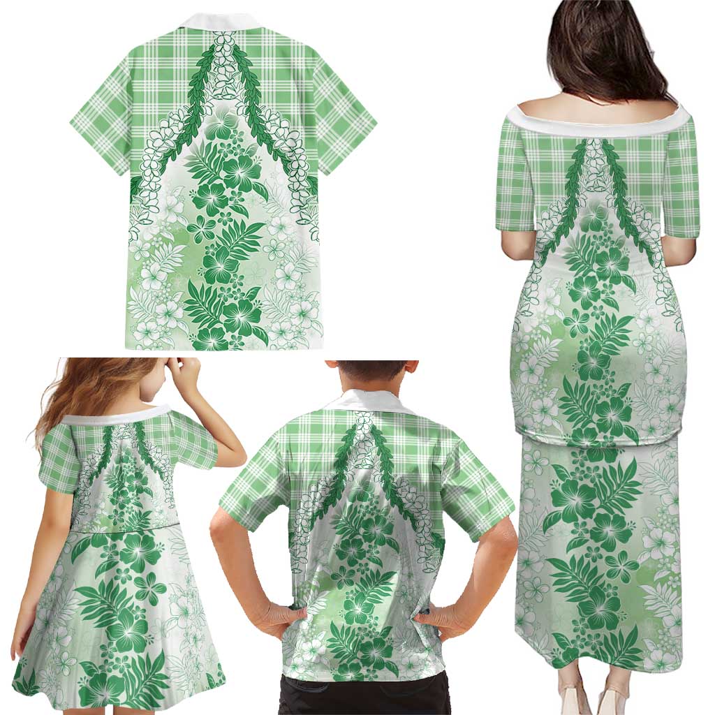 Aloha Hawaii Palaka Family Matching Puletasi and Hawaiian Shirt Green Plumeria Lei - Polynesian Pride