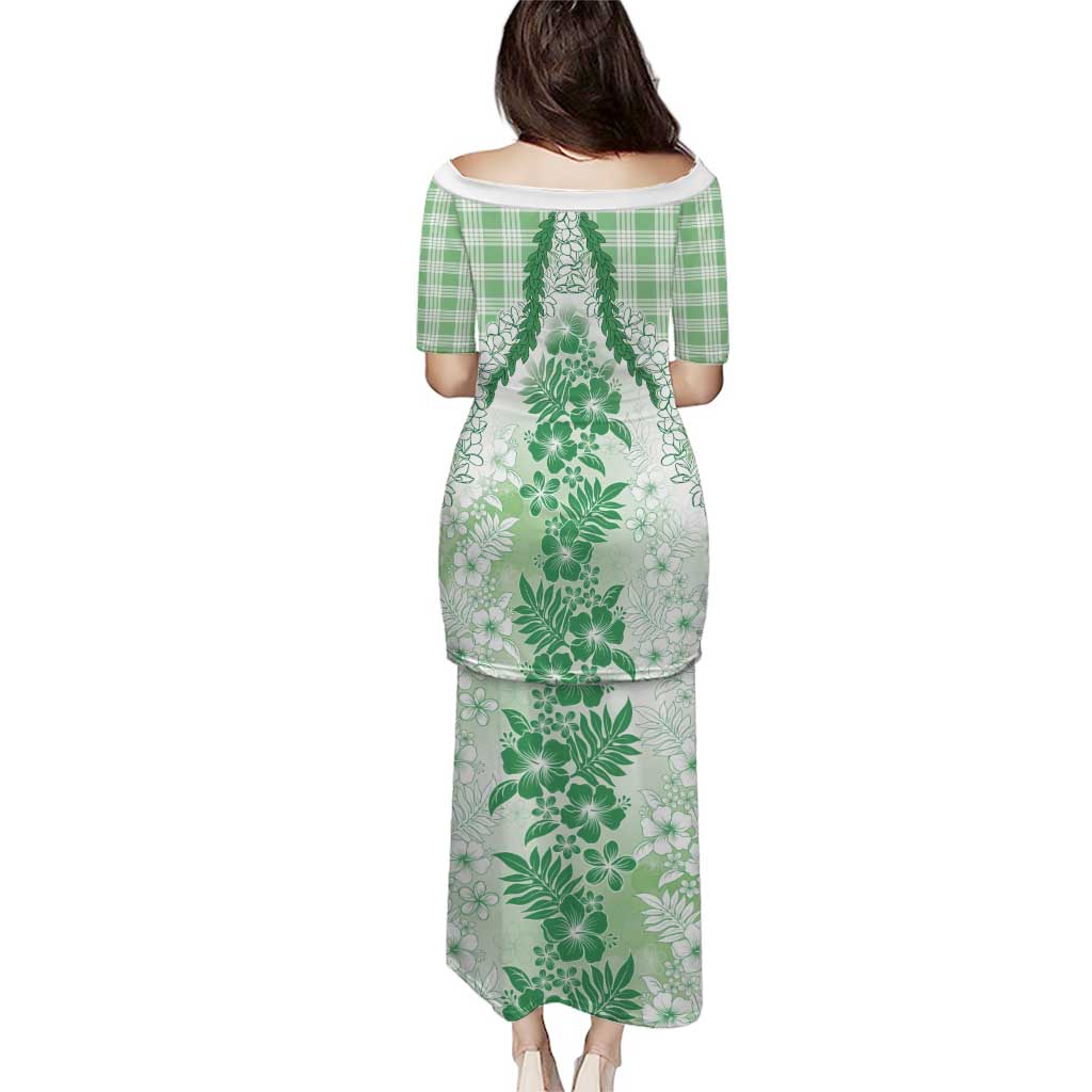 Aloha Hawaii Palaka Family Matching Puletasi and Hawaiian Shirt Green Plumeria Lei - Polynesian Pride