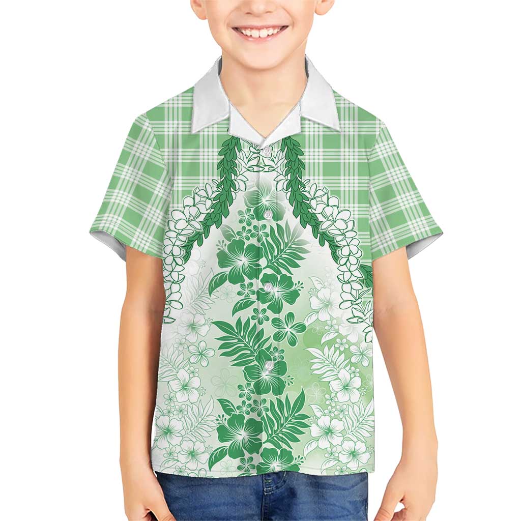 Aloha Hawaii Palaka Family Matching Puletasi and Hawaiian Shirt Green Plumeria Lei - Polynesian Pride