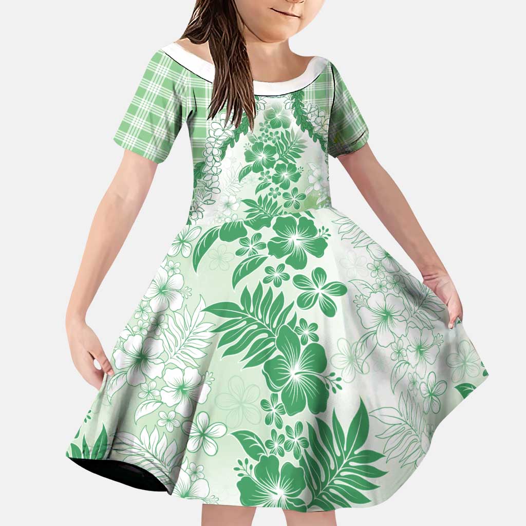 Aloha Hawaii Palaka Family Matching Short Sleeve Bodycon Dress and Hawaiian Shirt Green Plumeria Lei - Polynesian Pride