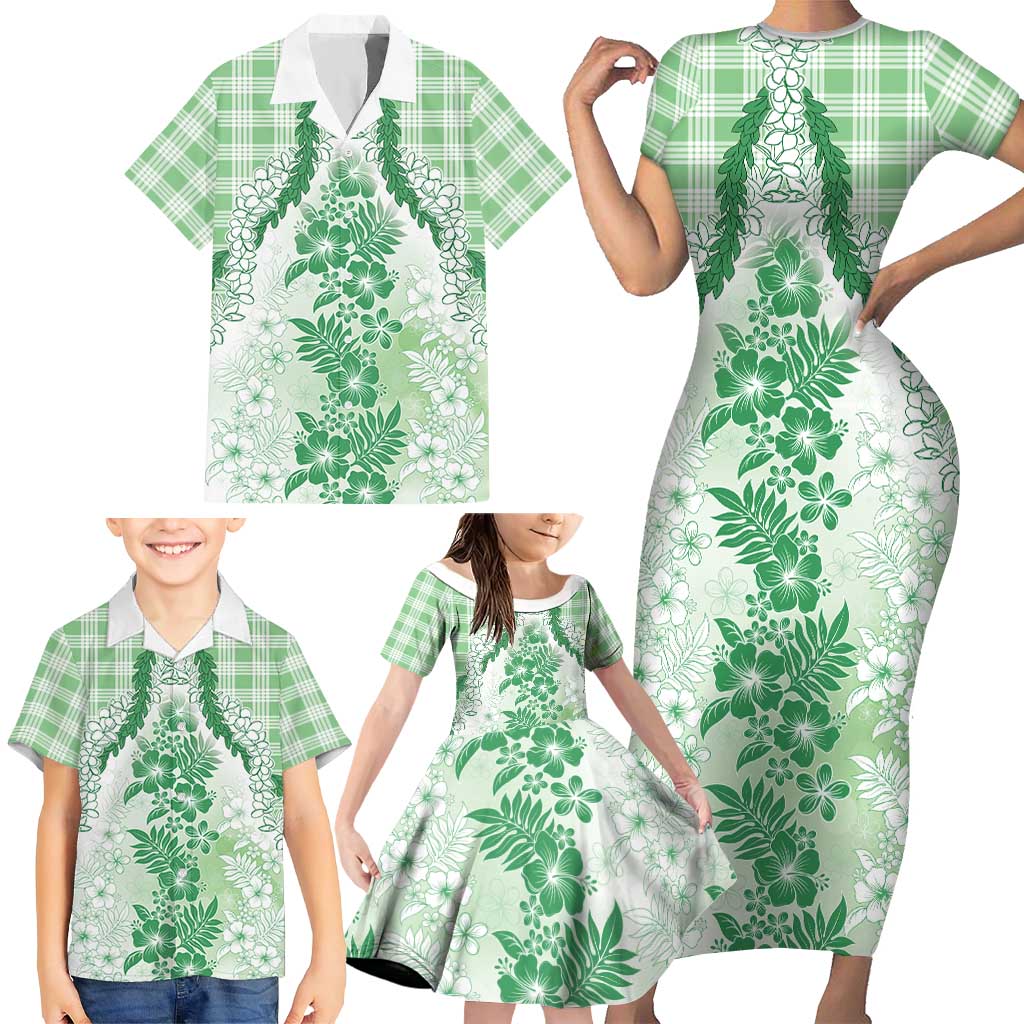 Aloha Hawaii Palaka Family Matching Short Sleeve Bodycon Dress and Hawaiian Shirt Green Plumeria Lei - Polynesian Pride