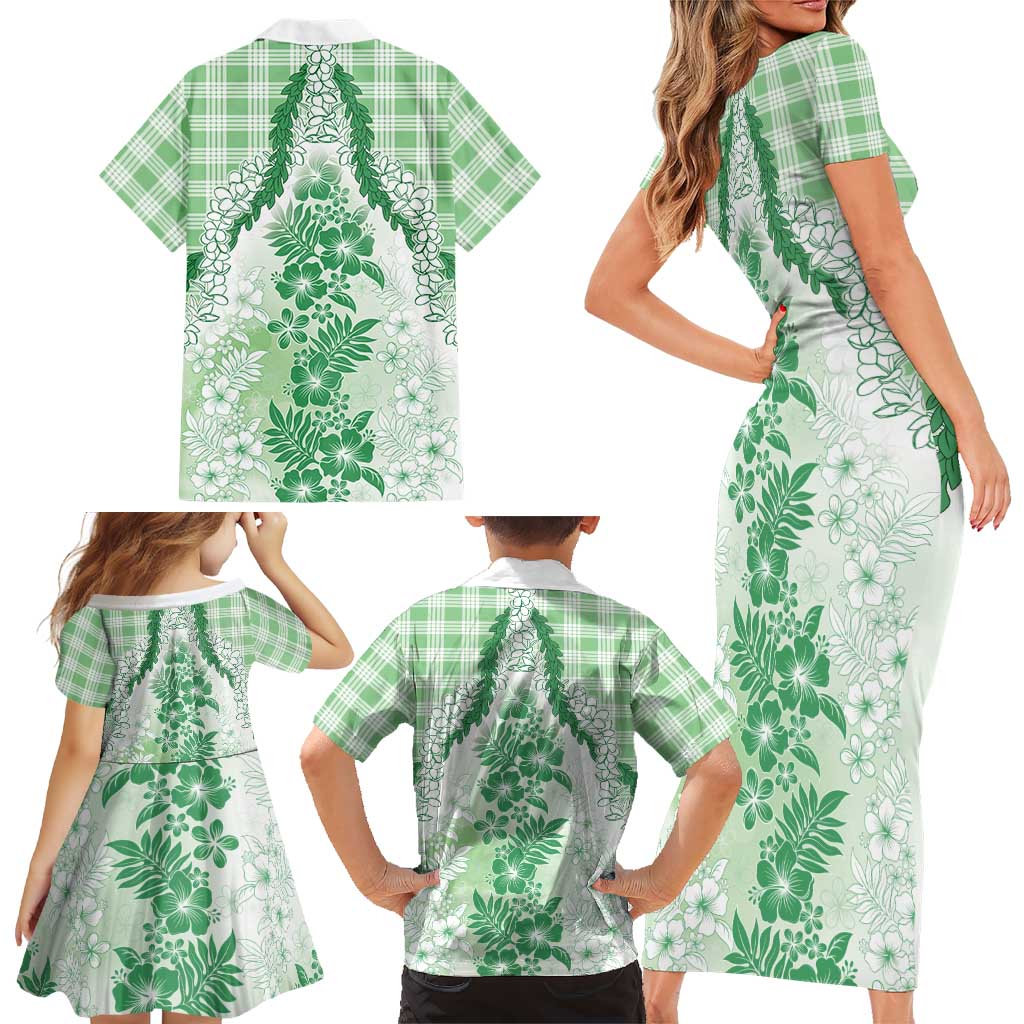 Aloha Hawaii Palaka Family Matching Short Sleeve Bodycon Dress and Hawaiian Shirt Green Plumeria Lei - Polynesian Pride