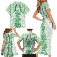 Aloha Hawaii Palaka Family Matching Short Sleeve Bodycon Dress and Hawaiian Shirt Green Plumeria Lei - Polynesian Pride