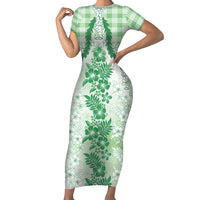 Aloha Hawaii Palaka Family Matching Short Sleeve Bodycon Dress and Hawaiian Shirt Green Plumeria Lei - Polynesian Pride