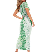 Aloha Hawaii Palaka Family Matching Short Sleeve Bodycon Dress and Hawaiian Shirt Green Plumeria Lei - Polynesian Pride