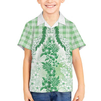 Aloha Hawaii Palaka Family Matching Short Sleeve Bodycon Dress and Hawaiian Shirt Green Plumeria Lei - Polynesian Pride