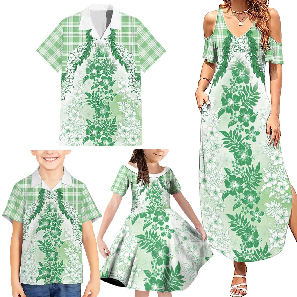 Aloha Hawaii Palaka Family Matching Summer Maxi Dress and Hawaiian Shirt Green Plumeria Lei - Polynesian Pride