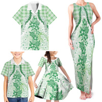Aloha Hawaii Palaka Family Matching Tank Maxi Dress and Hawaiian Shirt Green Plumeria Lei - Polynesian Pride