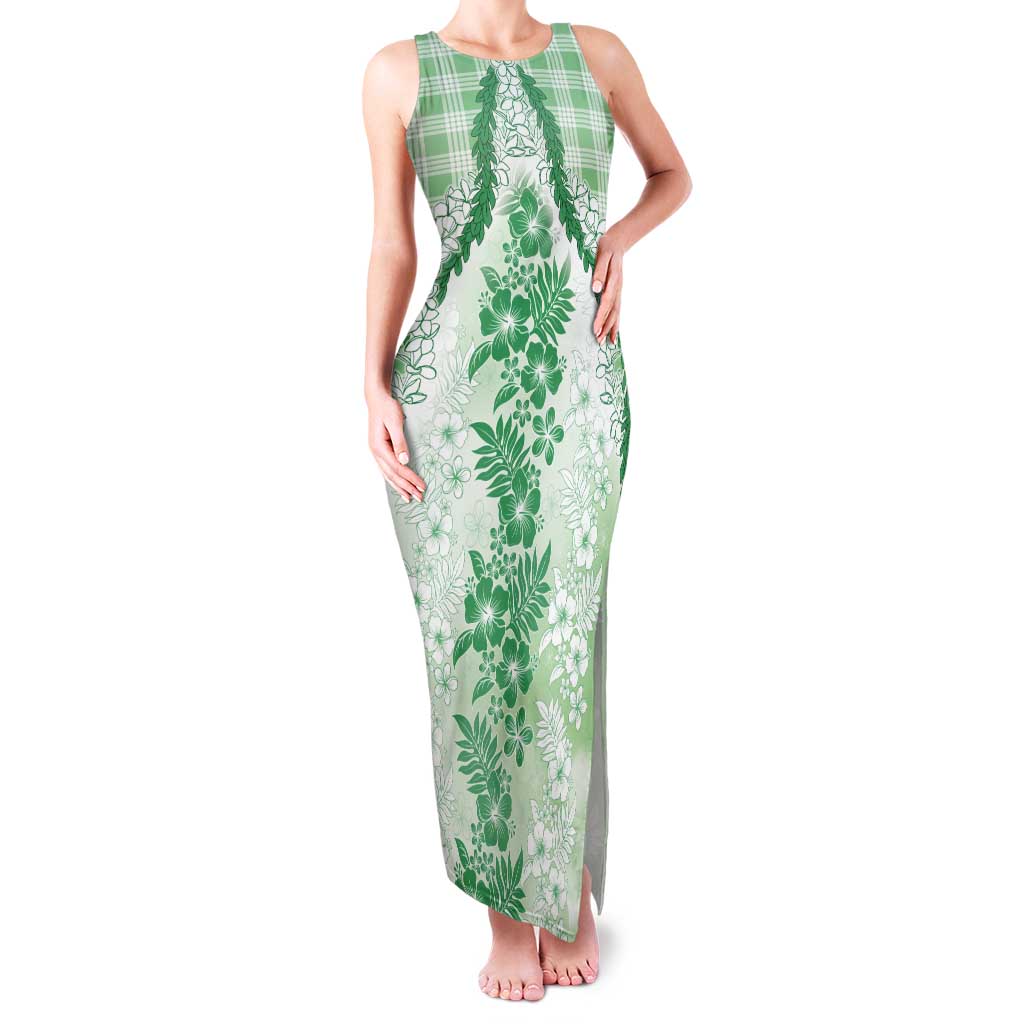 Aloha Hawaii Palaka Family Matching Tank Maxi Dress and Hawaiian Shirt Green Plumeria Lei - Polynesian Pride