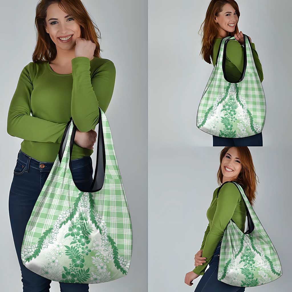 Aloha Hawaii Palaka Grocery Bag Green Plumeria Lei - Polynesian Pride