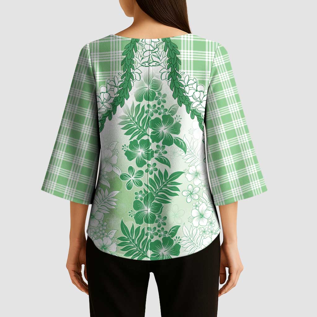 Aloha Hawaii Palaka Kimono Sleeve Blouse Green Plumeria Lei LT05 - Polynesian Pride