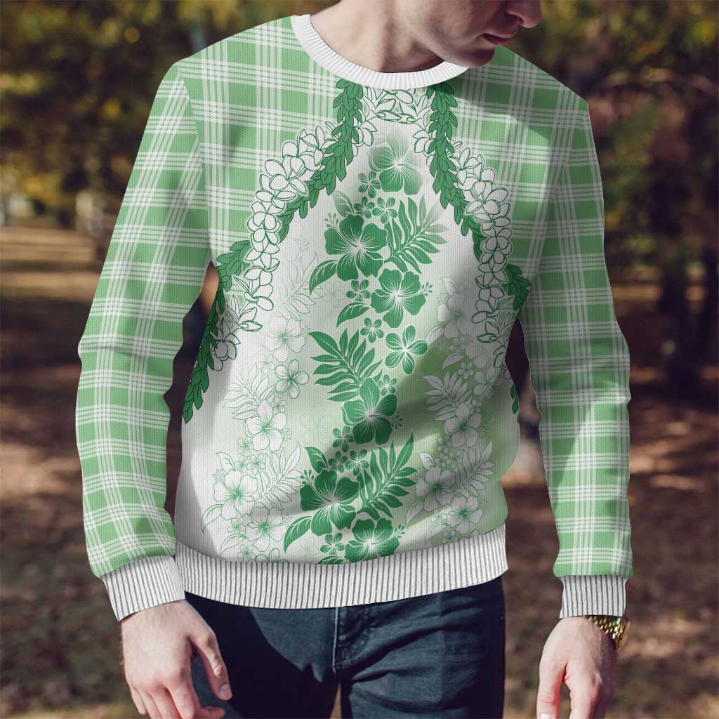 Aloha Hawaii Palaka Ugly Christmas Sweater Green Plumeria Lei - Polynesian Pride