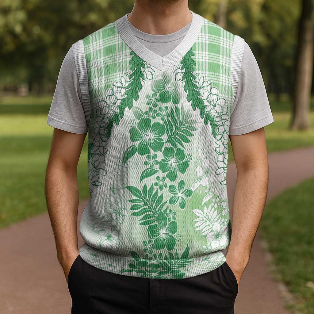 Aloha Hawaii Palaka Christmas Knitted V-Neck Vest Green Plumeria Lei - Polynesian Pride