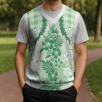 Aloha Hawaii Palaka Christmas Knitted V-Neck Vest Green Plumeria Lei - Polynesian Pride