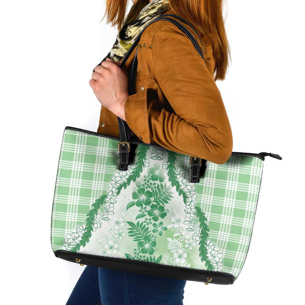 Aloha Hawaii Palaka Leather Tote Bag Green Plumeria Lei LT05 Green - Polynesian Pride