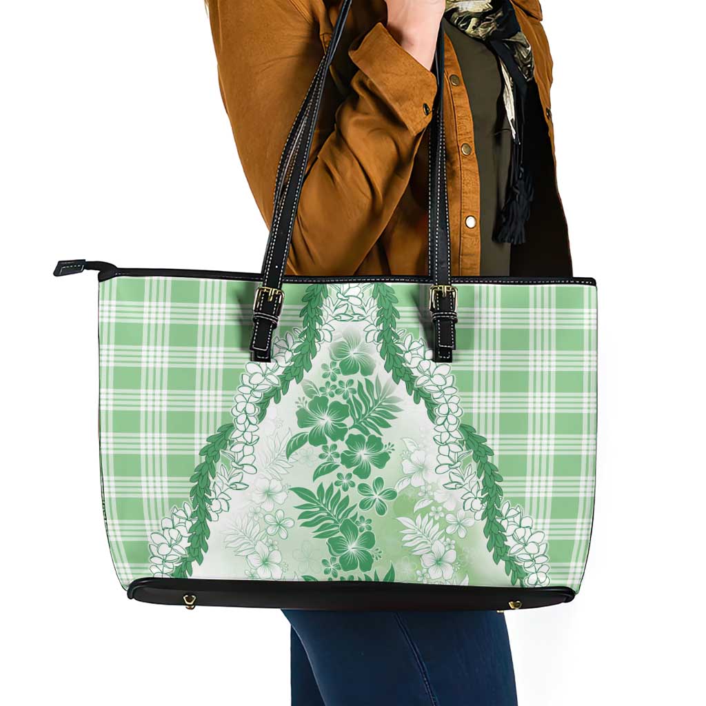 Aloha Hawaii Palaka Leather Tote Bag Green Plumeria Lei LT05 - Polynesian Pride