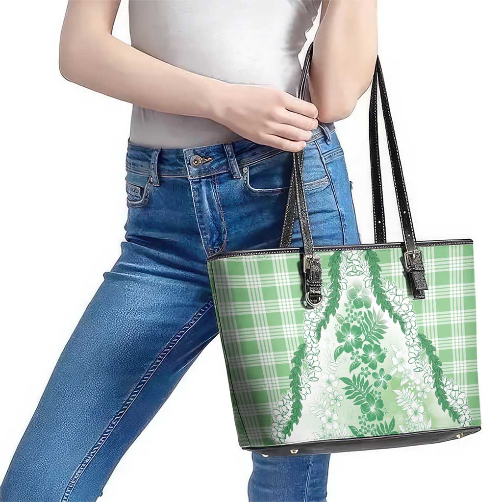 Aloha Hawaii Palaka Leather Tote Bag Green Plumeria Lei LT05 - Polynesian Pride