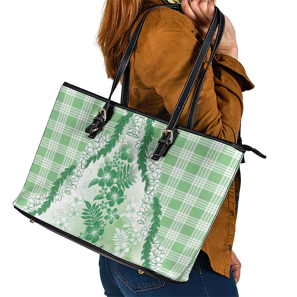 Aloha Hawaii Palaka Leather Tote Bag Green Plumeria Lei LT05 - Polynesian Pride