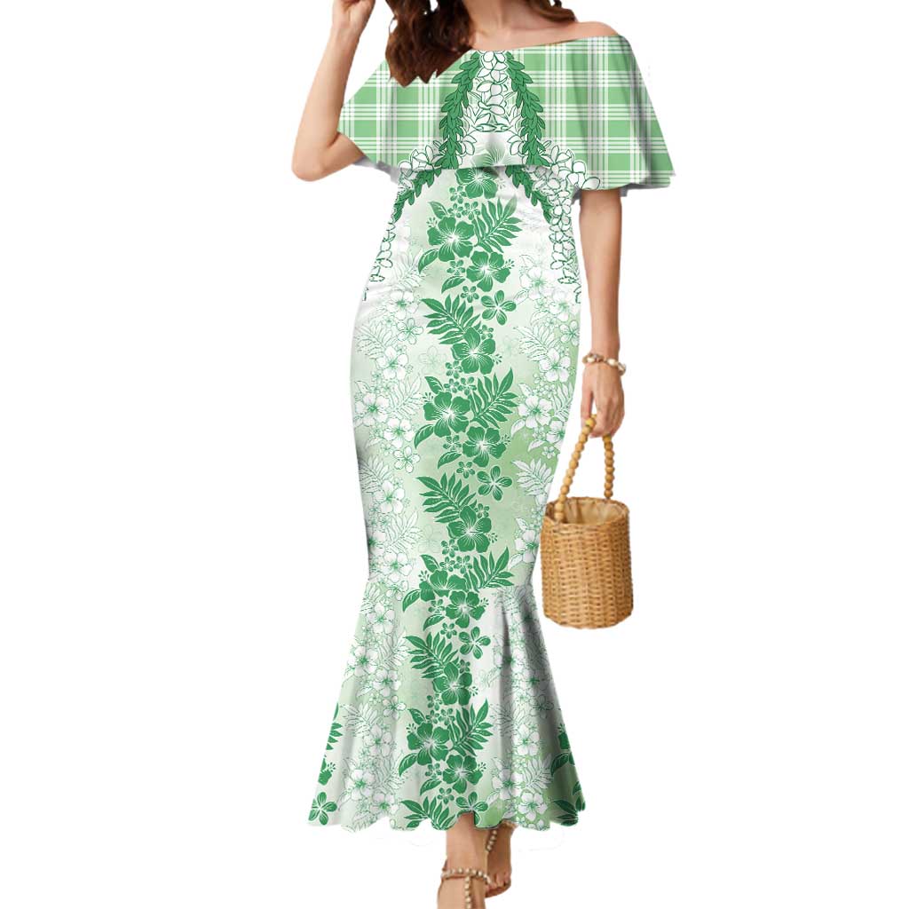 Aloha Hawaii Palaka Mermaid Dress Green Plumeria Lei - Polynesian Pride