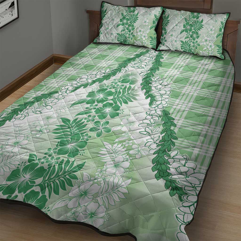 Aloha Hawaii Palaka Quilt Bed Set Green Plumeria Lei - Polynesian Pride