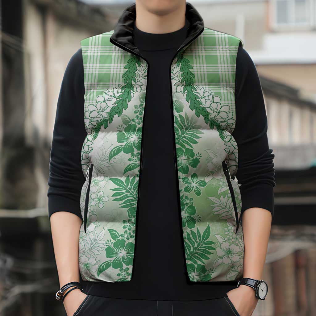 Aloha Hawaii Palaka Sleeveless Puffer Jacket Green Plumeria Lei - Polynesian Pride
