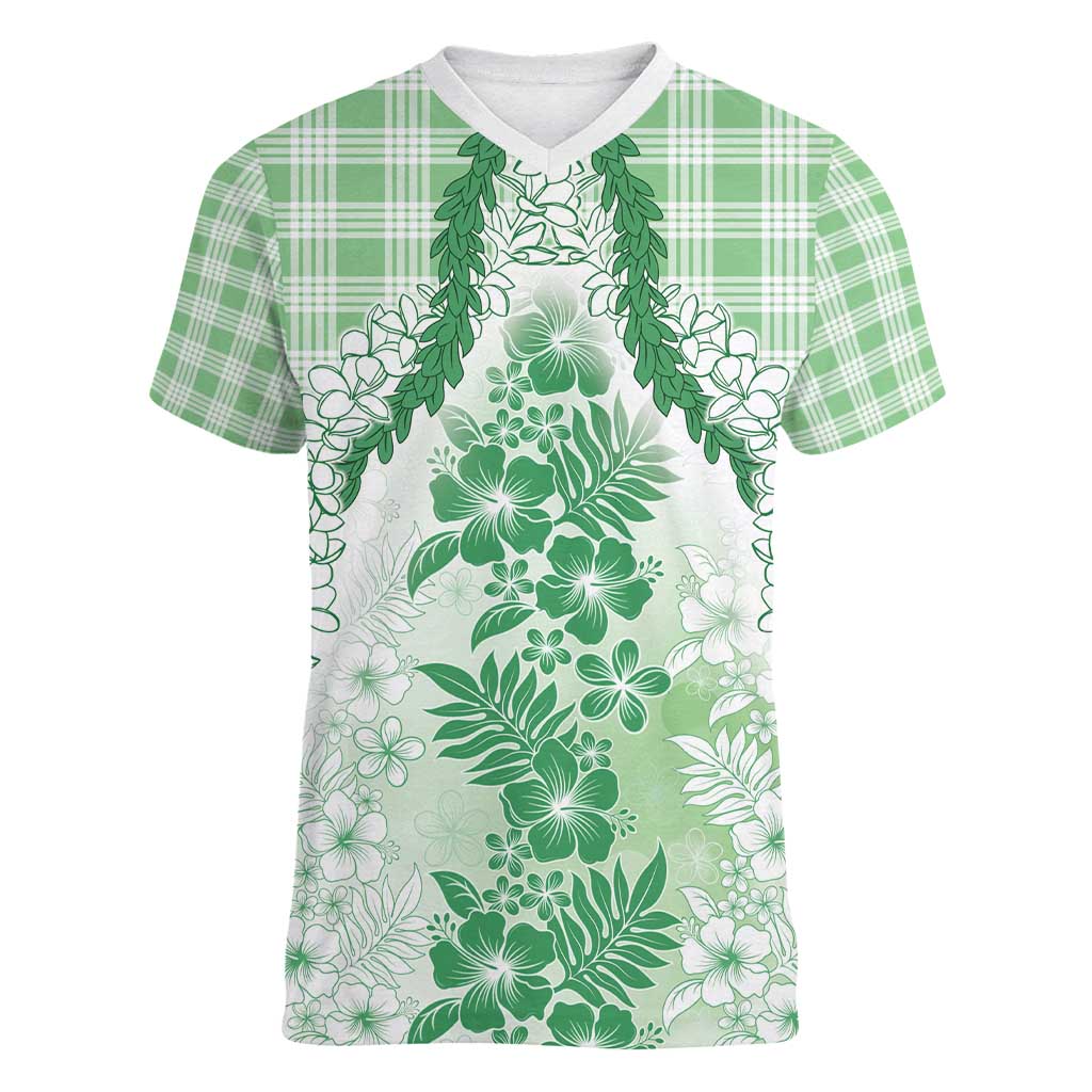 Aloha Hawaii Palaka Women V-Neck T-Shirt Green Plumeria Lei - Polynesian Pride