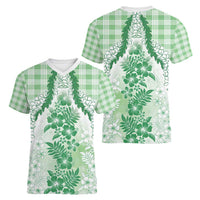 Aloha Hawaii Palaka Women V-Neck T-Shirt Green Plumeria Lei - Polynesian Pride