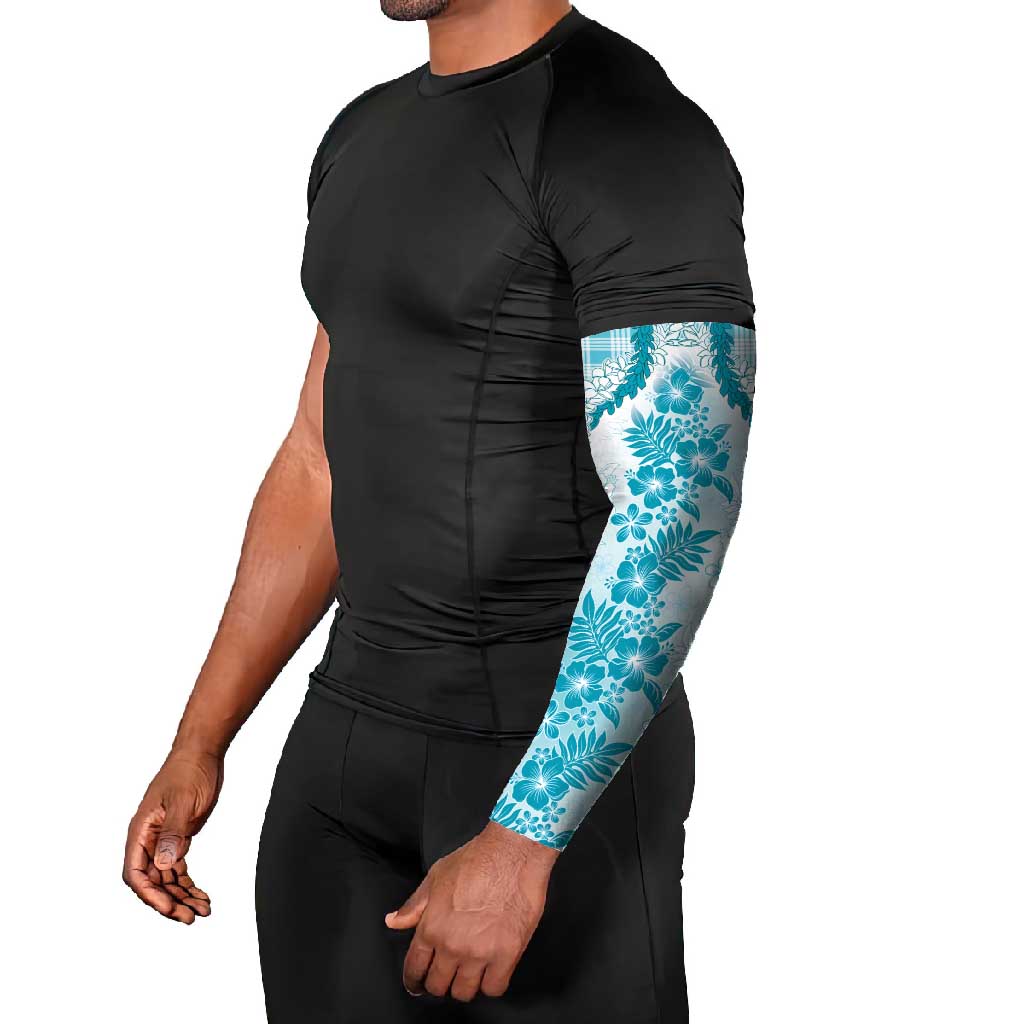 Aloha Hawaii Palaka Arm Sleeves Blue Plumeria Lei - Polynesian Pride