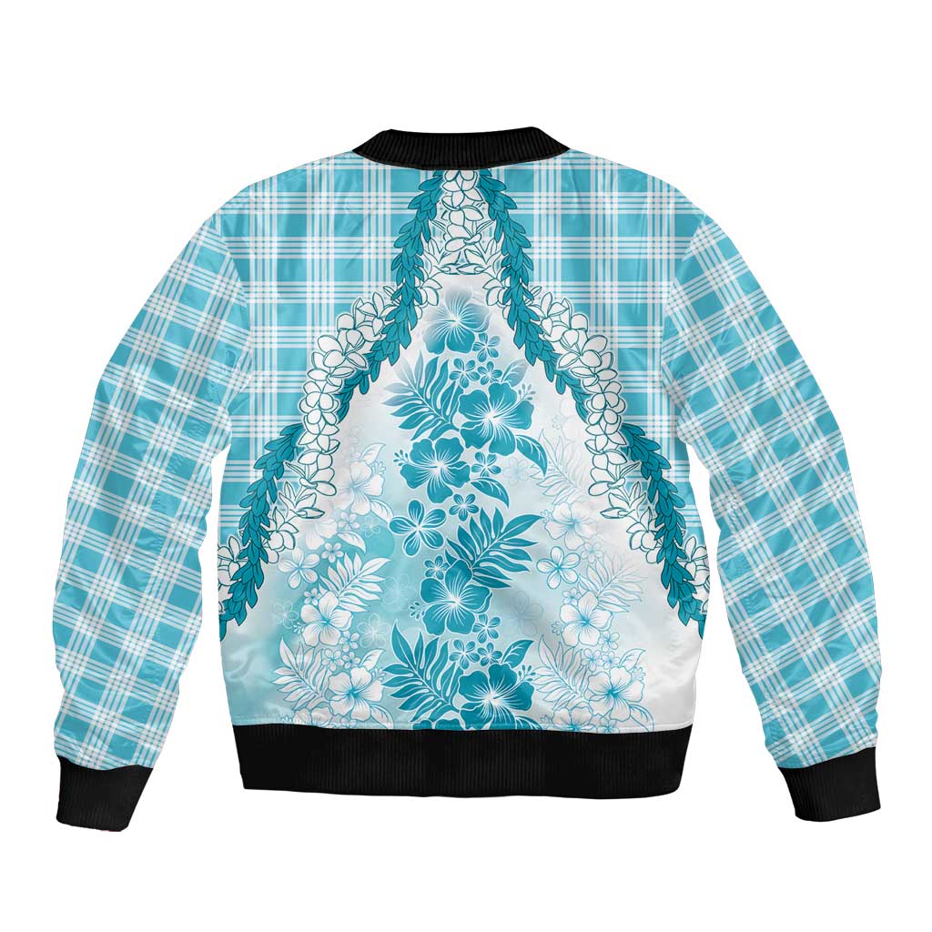 Aloha Hawaii Palaka Bomber Jacket Blue Plumeria Lei - Polynesian Pride