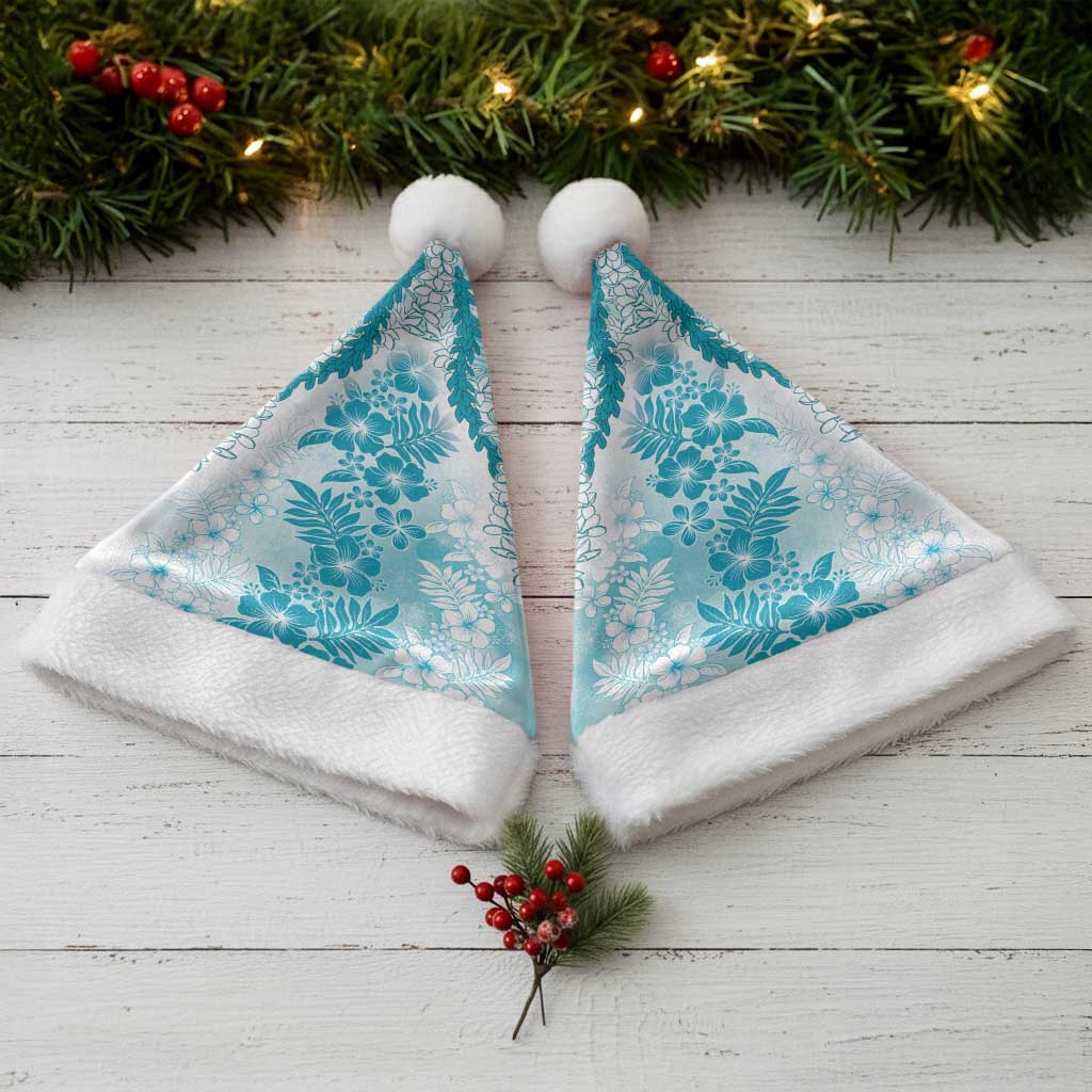 Aloha Hawaii Palaka Christmas Santa Hat Blue Plumeria Lei - Polynesian Pride