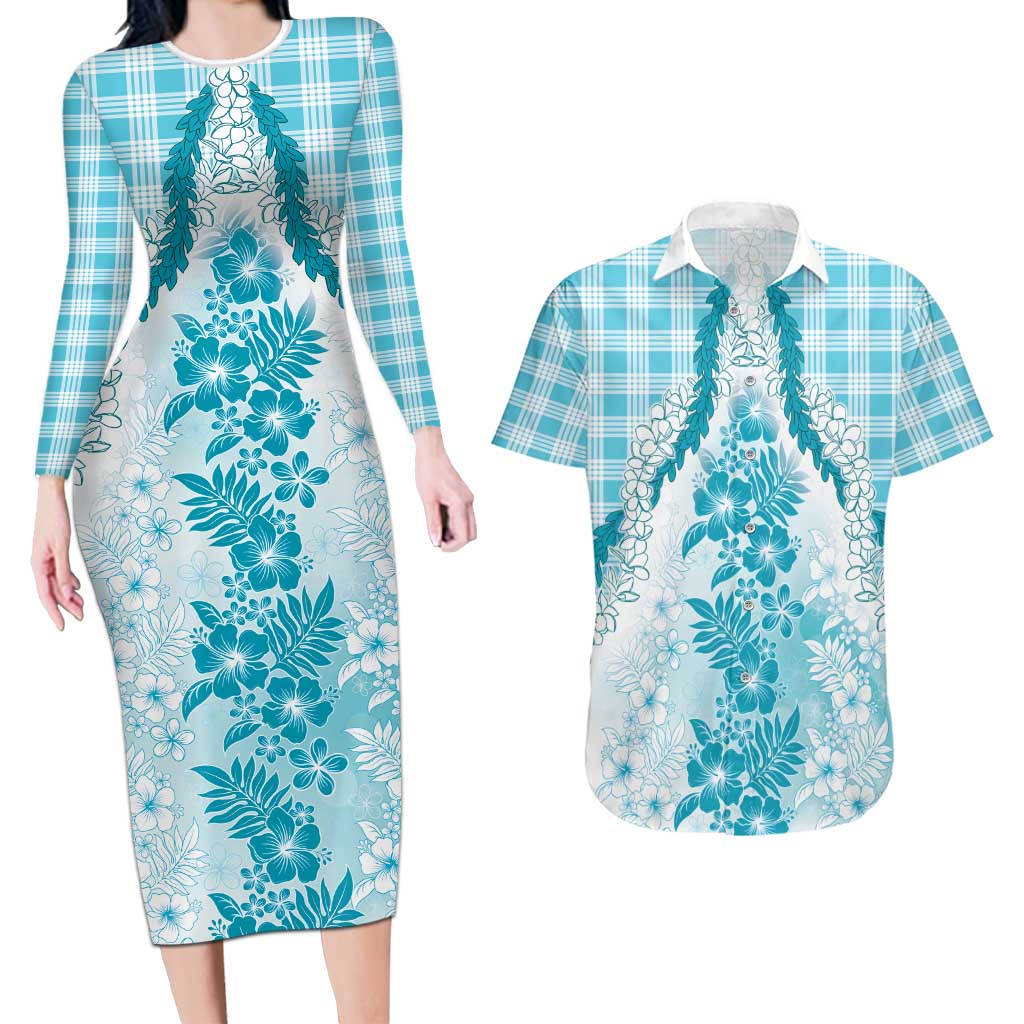 Aloha Hawaii Palaka Couples Matching Long Sleeve Bodycon Dress and Hawaiian Shirt Blue Plumeria Lei - Polynesian Pride