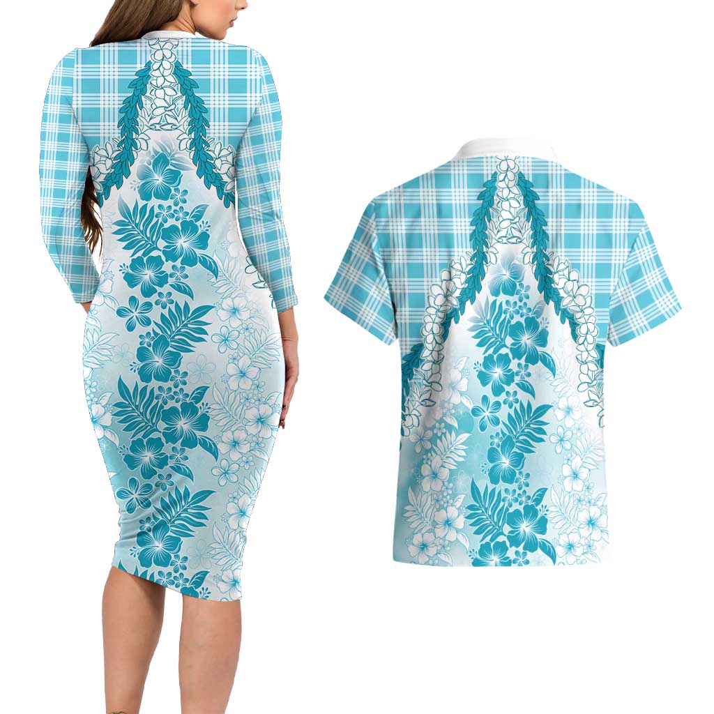 Aloha Hawaii Palaka Couples Matching Long Sleeve Bodycon Dress and Hawaiian Shirt Blue Plumeria Lei - Polynesian Pride