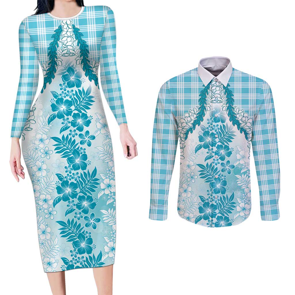 Aloha Hawaii Palaka Couples Matching Long Sleeve Bodycon Dress and Long Sleeve Button Shirt Blue Plumeria Lei - Polynesian Pride