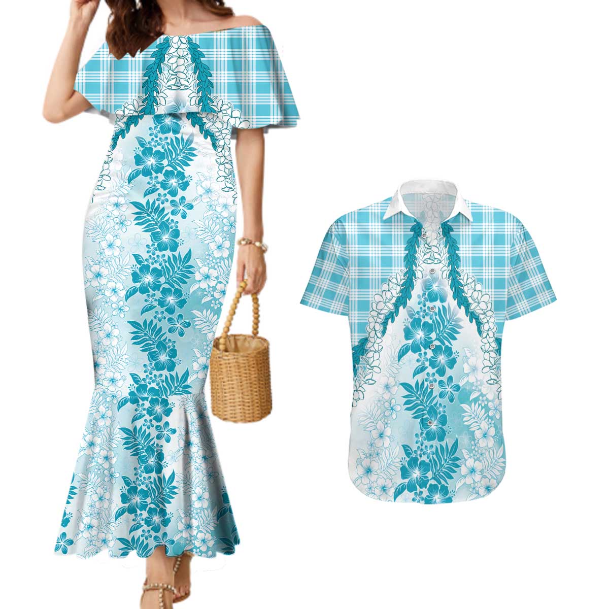 Aloha Hawaii Palaka Couples Matching Mermaid Dress and Hawaiian Shirt Blue Plumeria Lei - Polynesian Pride