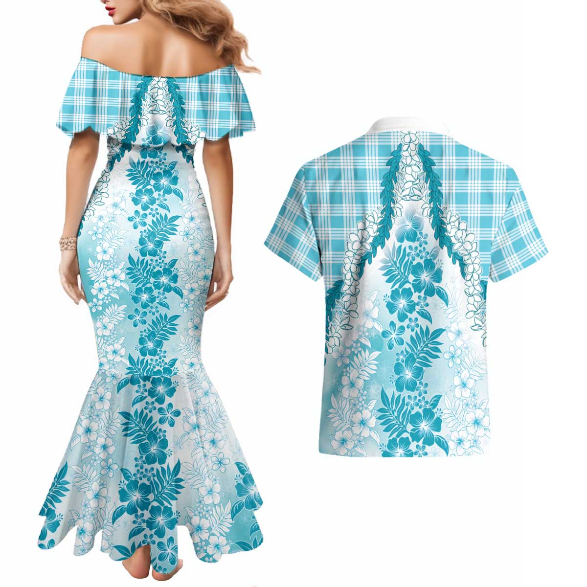 Aloha Hawaii Palaka Couples Matching Mermaid Dress and Hawaiian Shirt Blue Plumeria Lei - Polynesian Pride