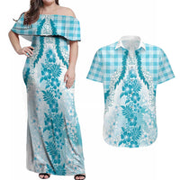 Aloha Hawaii Palaka Couples Matching Off Shoulder Maxi Dress and Hawaiian Shirt Blue Plumeria Lei - Polynesian Pride
