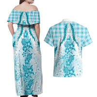 Aloha Hawaii Palaka Couples Matching Off Shoulder Maxi Dress and Hawaiian Shirt Blue Plumeria Lei - Polynesian Pride
