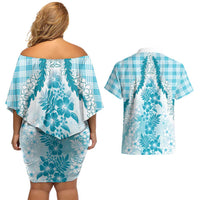 Aloha Hawaii Palaka Couples Matching Off Shoulder Short Dress and Hawaiian Shirt Blue Plumeria Lei - Polynesian Pride