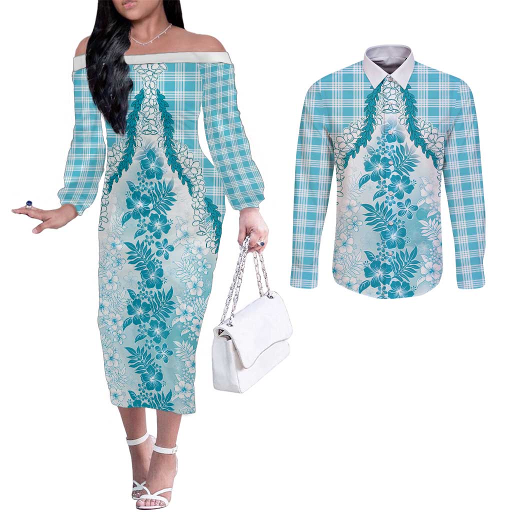 Aloha Hawaii Palaka Couples Matching Off The Shoulder Long Sleeve Dress and Long Sleeve Button Shirt Blue Plumeria Lei - Polynesian Pride