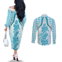 Aloha Hawaii Palaka Couples Matching Off The Shoulder Long Sleeve Dress and Long Sleeve Button Shirt Blue Plumeria Lei - Polynesian Pride