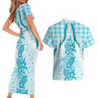 Aloha Hawaii Palaka Couples Matching Short Sleeve Bodycon Dress and Hawaiian Shirt Blue Plumeria Lei - Polynesian Pride