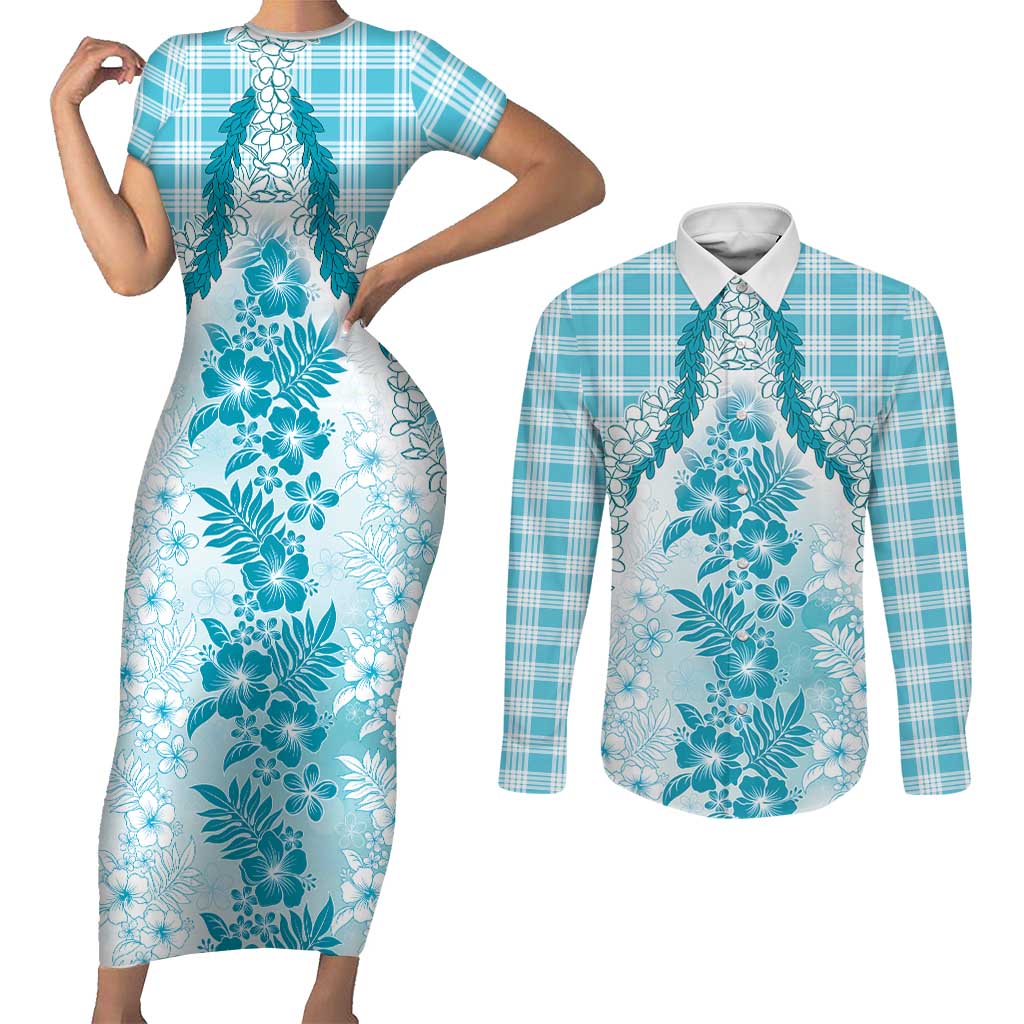 Aloha Hawaii Palaka Couples Matching Short Sleeve Bodycon Dress and Long Sleeve Button Shirt Blue Plumeria Lei - Polynesian Pride