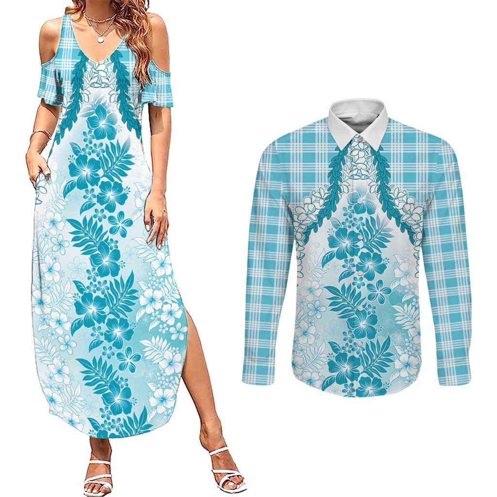 Aloha Hawaii Palaka Couples Matching Summer Maxi Dress and Long Sleeve Button Shirt Blue Plumeria Lei LT05 Blue - Polynesian Pride