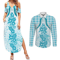 Aloha Hawaii Palaka Couples Matching Summer Maxi Dress and Long Sleeve Button Shirt Blue Plumeria Lei LT05 Blue - Polynesian Pride