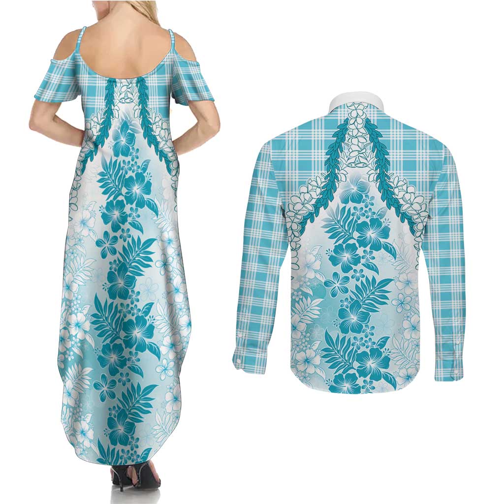 Aloha Hawaii Palaka Couples Matching Summer Maxi Dress and Long Sleeve Button Shirt Blue Plumeria Lei LT05 - Polynesian Pride
